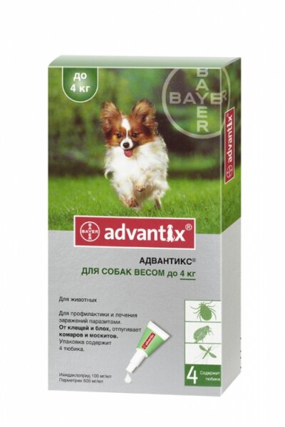 Капли от иксодовых клещей и др. насекомых Bayer Адвантикс 40 С для собак до 4 кг (4 пипетки х 0,4 мл)